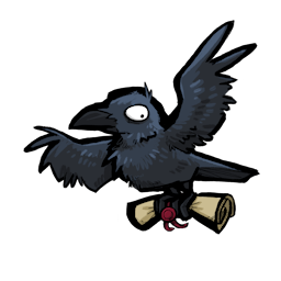 a cartoon crow flying with a scroll in its claws